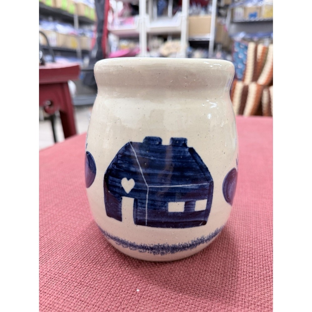 Vintage Marshal Pottery Crock Blue House & Hearts 1980s Country Farmhouse